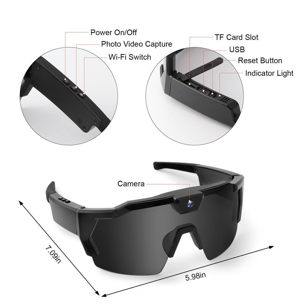 Camera Sunglasses Sports Action Smart Glasses Cam 1080P Video Camera Glasses for Men Women Outdoor Bicycle Motorcycle Recorder