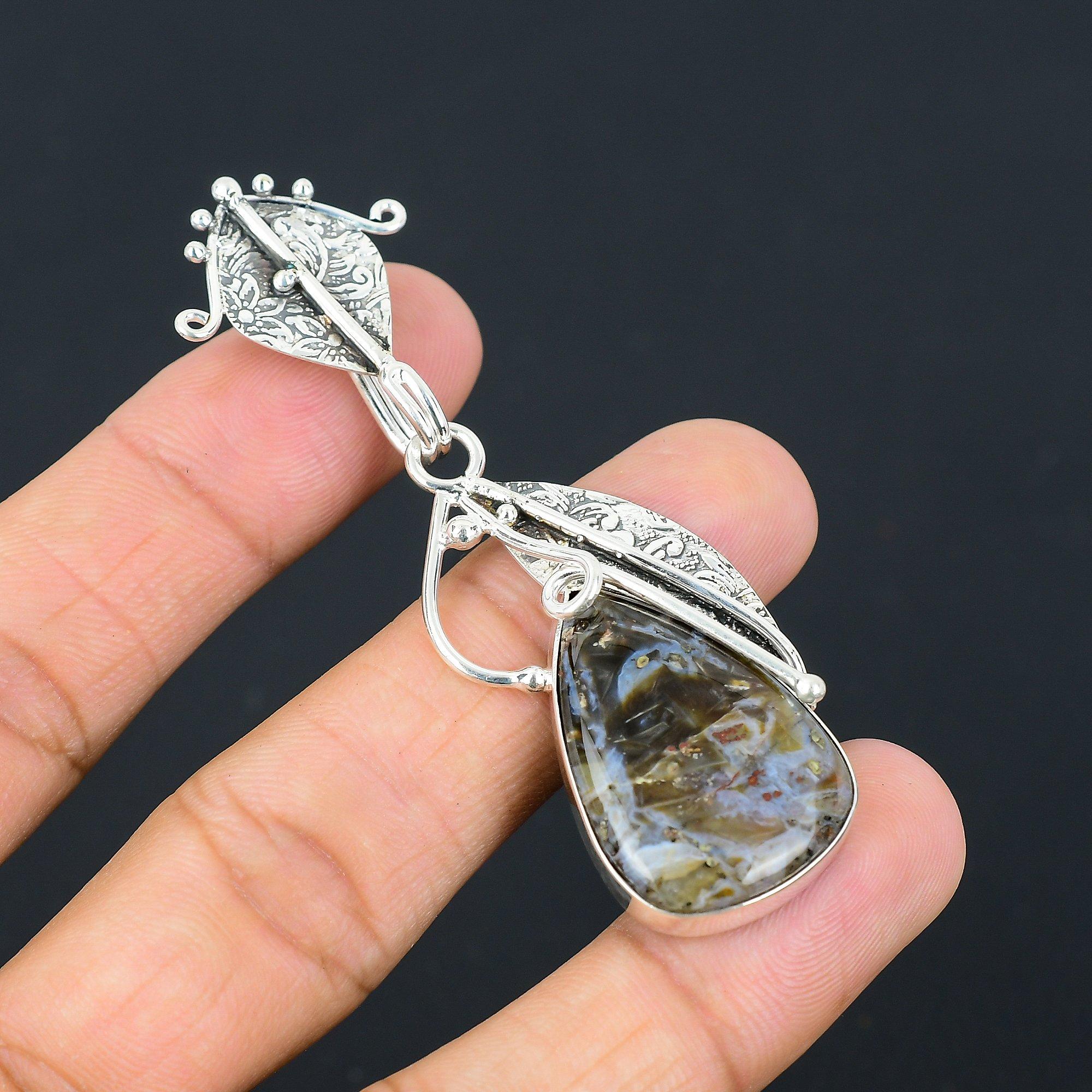 

Mothers day Deal 925 Sterling Silver Pear Stick Agate Gemstone Daughter Pendant