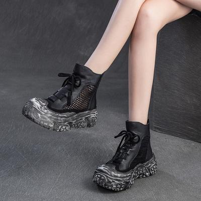 Thick Soled Comfortable Genuine Leather Women's Shoes Versatile Retro Summer Hollow-out Boots