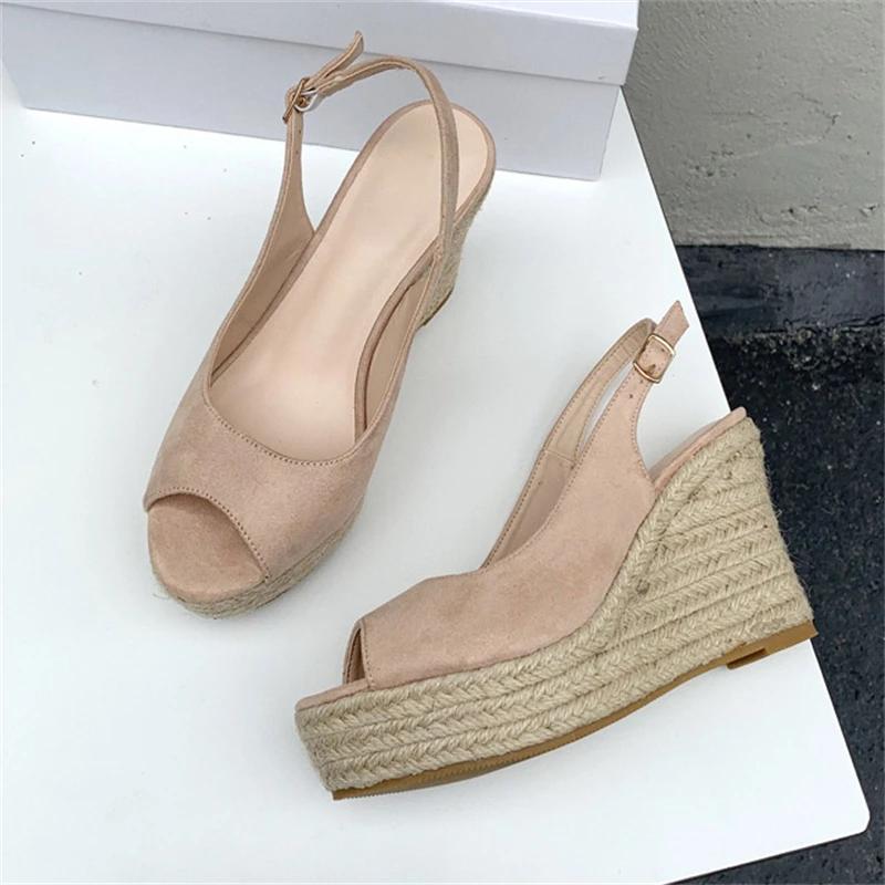 Summer Peep Toe Buckle Strap Women Slippers Fashion Solid Platform Wedges Heels Rattan Weave Sandals Shoes