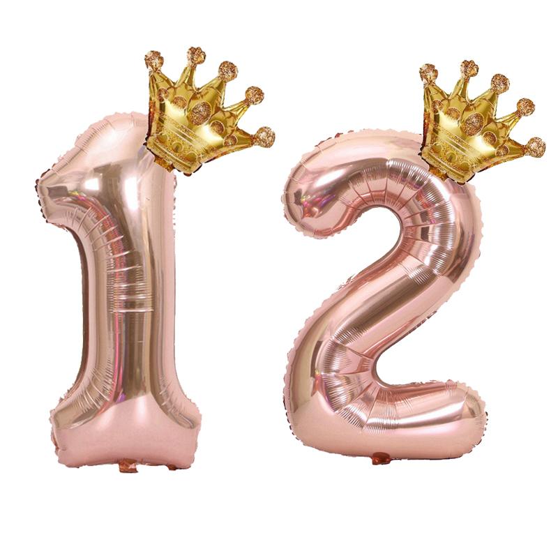 1PC 32 Inch Rose Gold Crown Digital Number Foil Balloons Princess Birthday DecorationParty Wedding Xmas Number Balloon Anniv