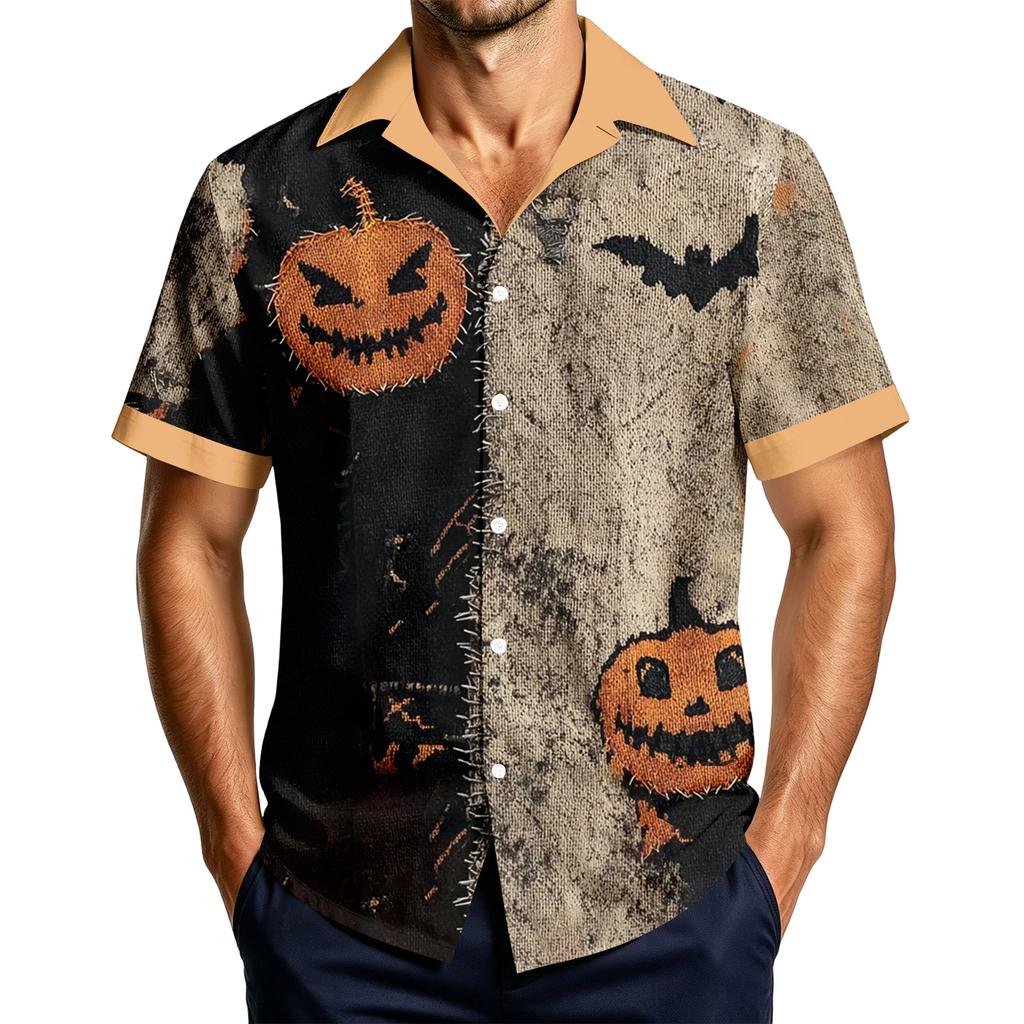 Men's Casual Short Sleeve Halloween Print Shirt for Holiday Party Wear