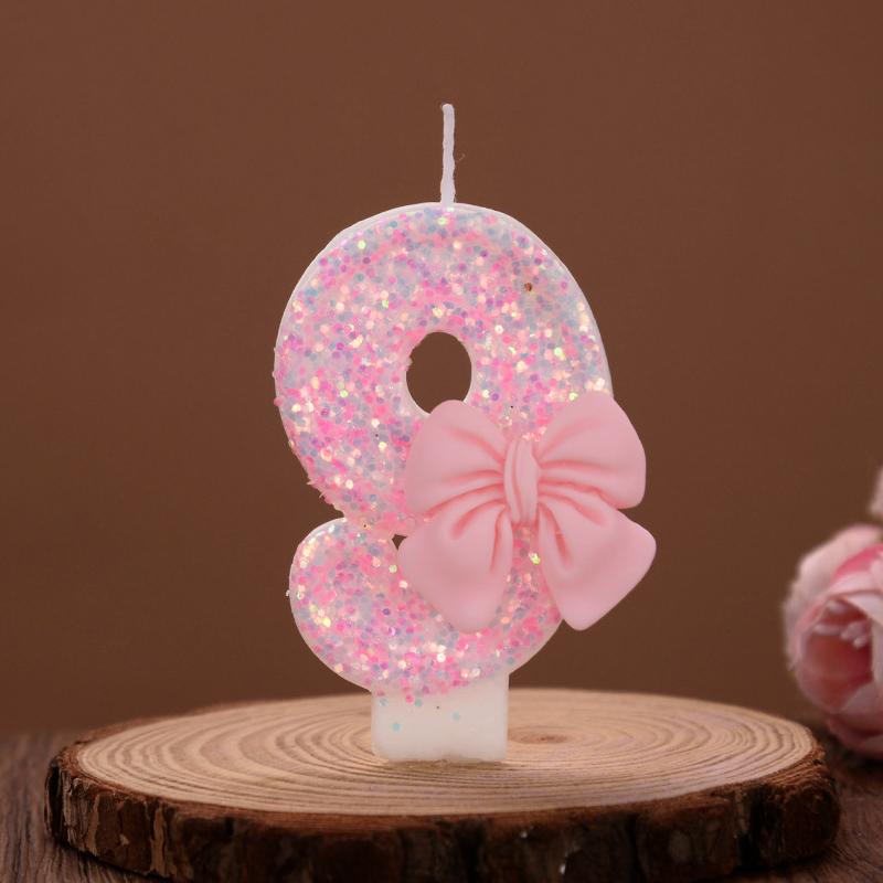 Cute Pink Bow Cake Number Candles Glitter 0-9 Digital Cake Toppers Kids Girls Birthday Party Cupcake Dessert Decoration Favors