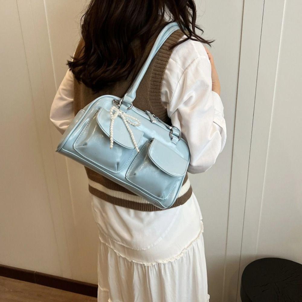 Mini Korean Style PU Bowling Bag Solid Color Handbag Pocket Bost Tote Bag French Style Minority Design Underarm Bag Outdoor