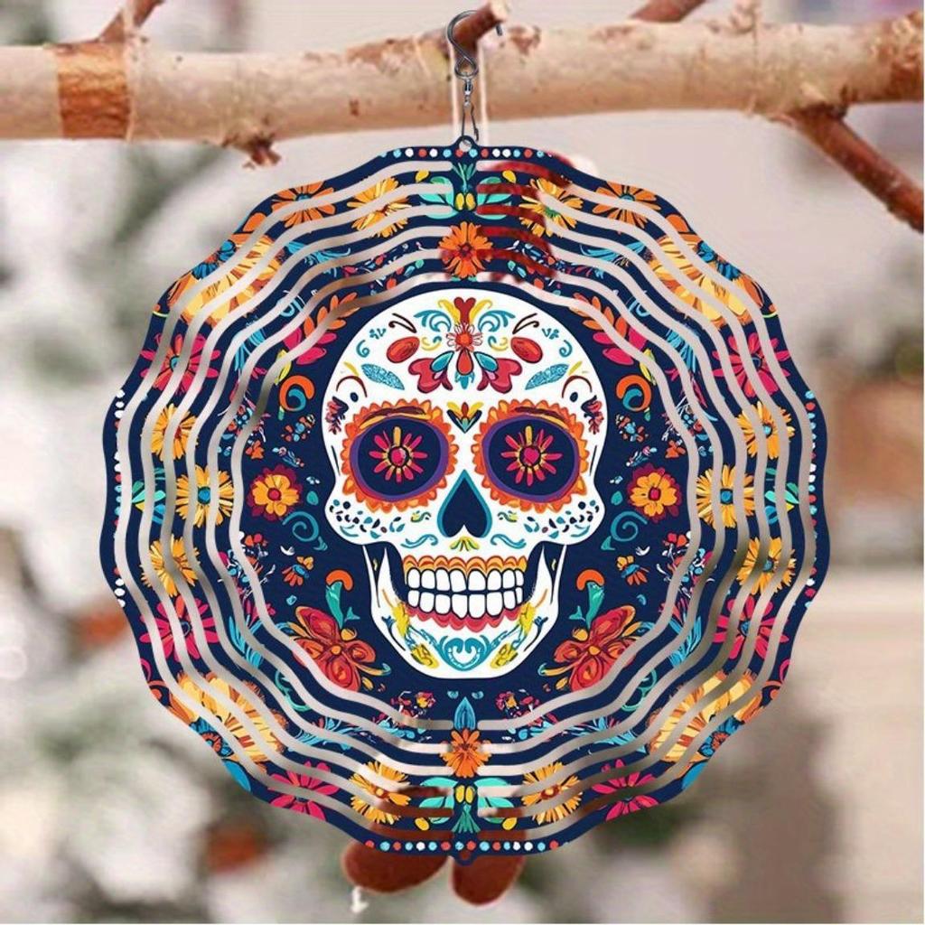 2D Metal Sugar Skull Wind Chime with Floral Design Colorful Wind-Powered Hanging Decor for Garden Patio Holiday