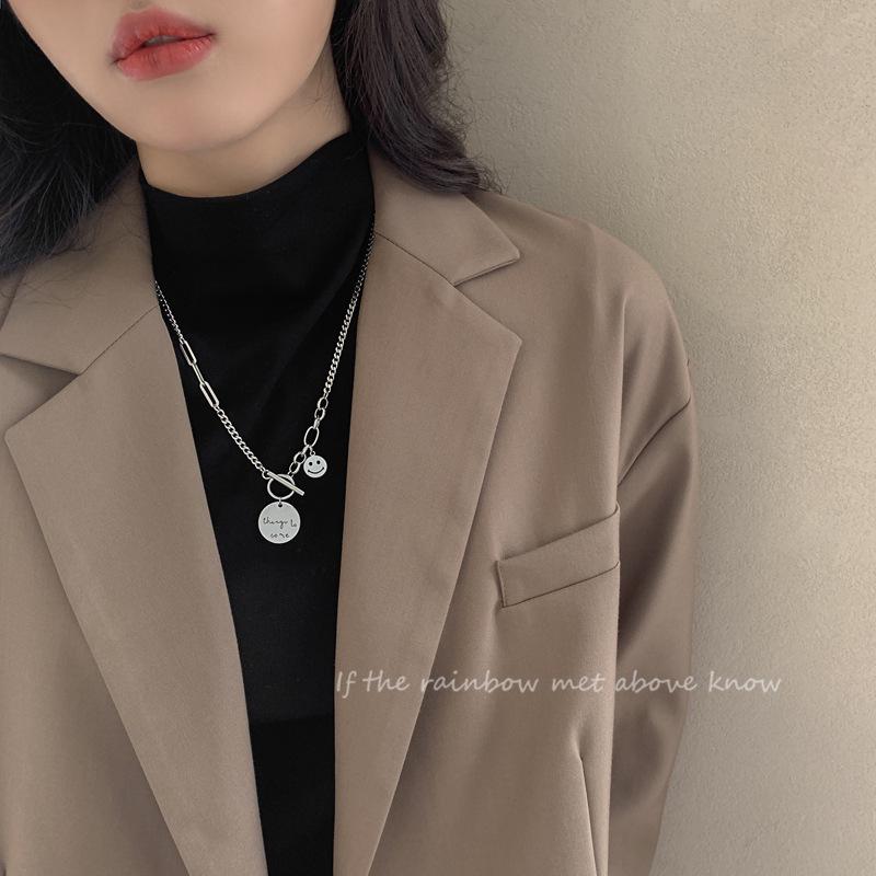 2025 Trendy Smiley Face Sweater Chain: Women's Titanium Steel Letter Necklace for Autumn/Winter