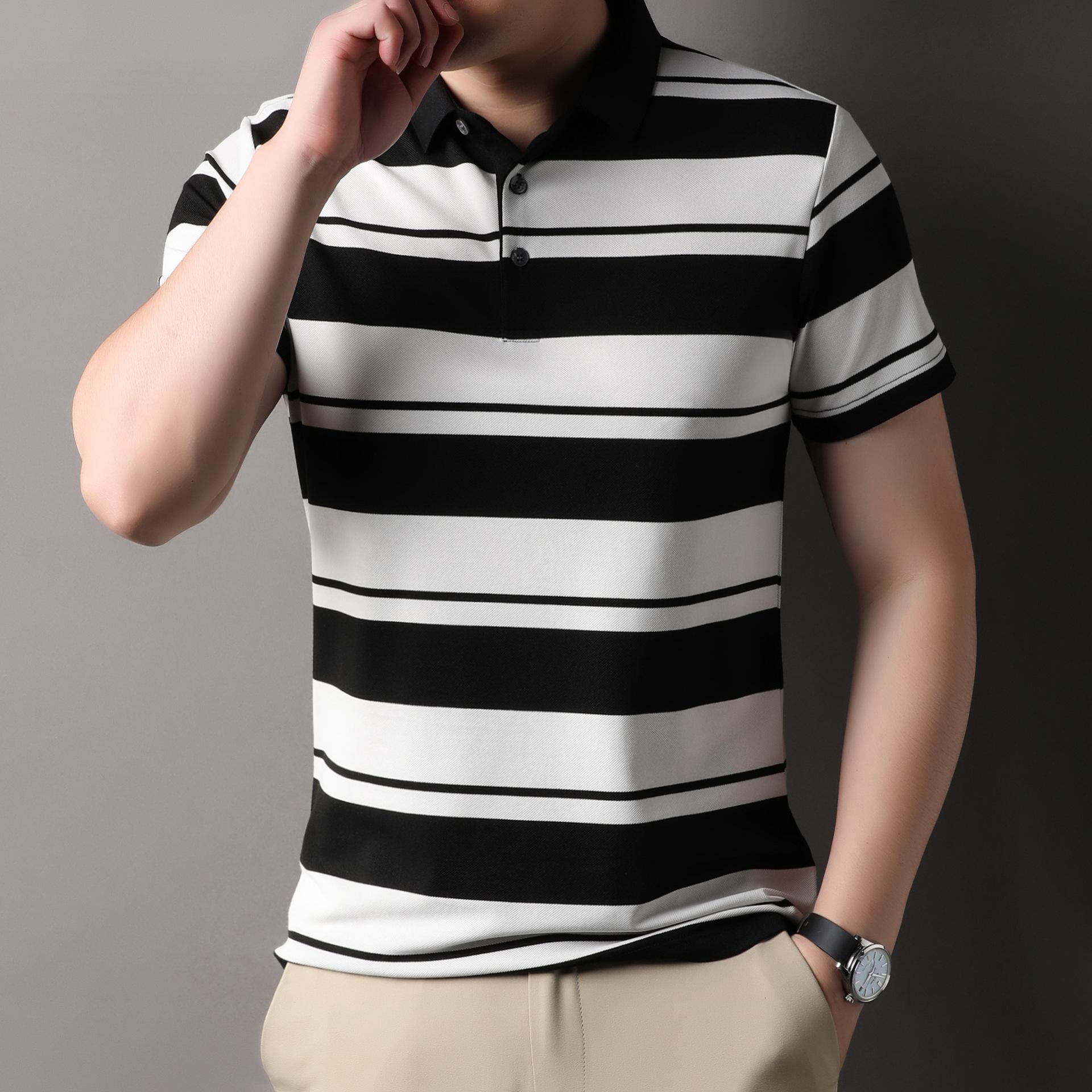 

Футболка с коротким рукавом из полосатого шелка Ice Silk, мужская рубашка поло с лацканами, летняя одежда для папы, одежда с коротким рукавом 4XL