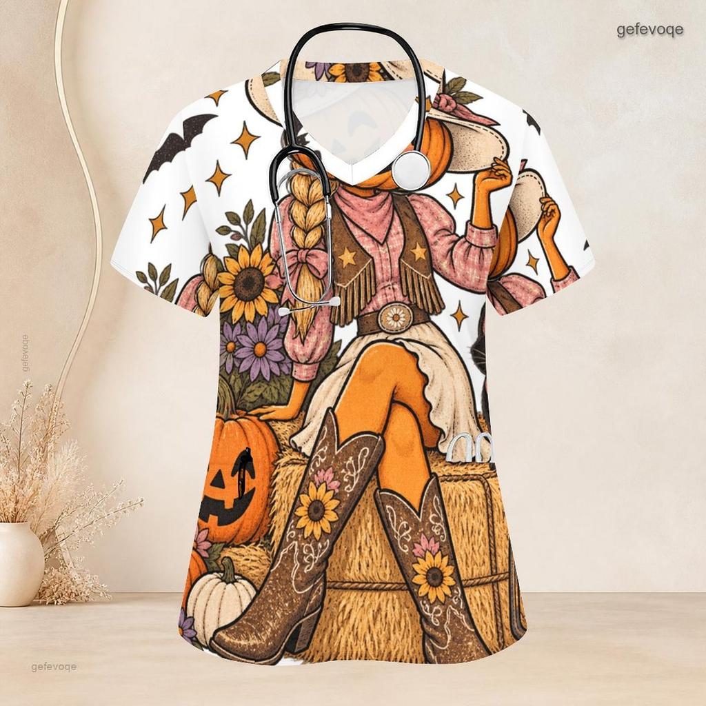 Women Plus Size V Neck Short Sleeve Scrub Top Halloween Camper Van Campfire Bat Pumpkin Print Nurse Uniform Top