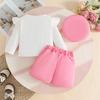 Korean Style Baby & Toddler Ribbed Long-Sleeve Top, Skort & Beret Set - Floral Top & Beaded Shorts