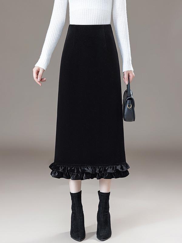 Elegant Lace Gold Velvet A-Line Skirt for Women, High Waist with Side and Back Slits, Perfect for Spring-Winter 2026