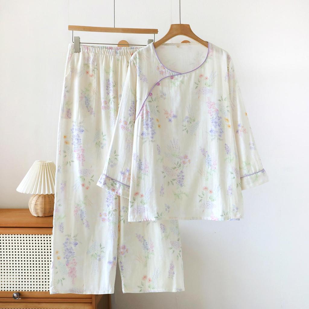 Damen Pyjama-Set aus reiner Baumwolle - Süßer chinesischer Stil, Langarm & Hose, mit Seitentaschen, Lockerer Schnitt für Frühling, Sommer und Herbst.
