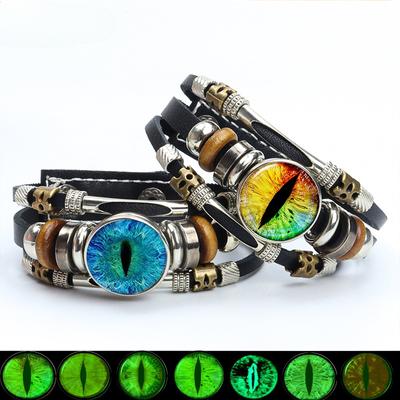 Bracciale in pelle con occhi di drago luminosi Occhio diabolico Rotondo Cupola in vetro trasparente Bottoni a pressione Bracciali Braccialetti Uomo Donna Accessorio per gioielli