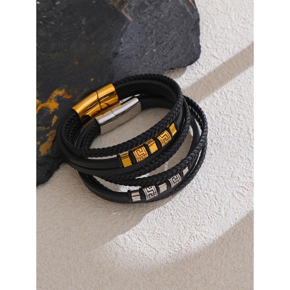 Yhpup 68mm Leather Braided Handmade Layered Men Bracelet Bangle Jewelry Waterproof Stainless Steel Personalized Accessories
