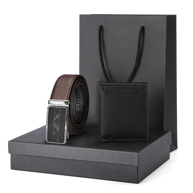 Water Ripple Brown Belt Wallet Set Gift Box Men's Business Gift Logo Genuine Leather Belt