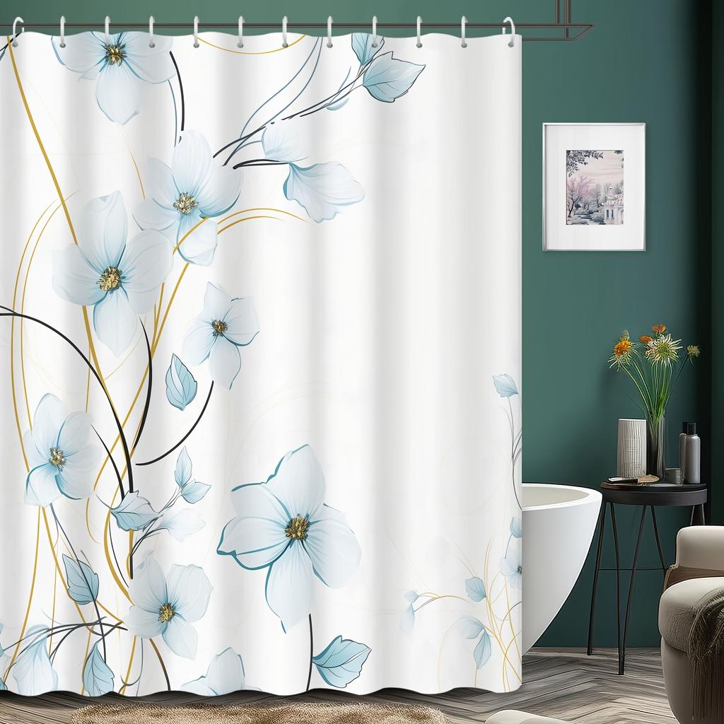 Floral Print Shower Curtain - Blue & White Flower Design, Polyester Fabric with Grommet Top,  Bathroom, Hotel, Apartment Decor