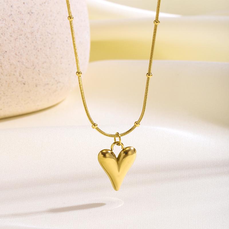 Women's 18K Gold Plated Stainless Steel Sporty Bamboo Chain Heart Zircon Pendant Necklace for Anniversaries