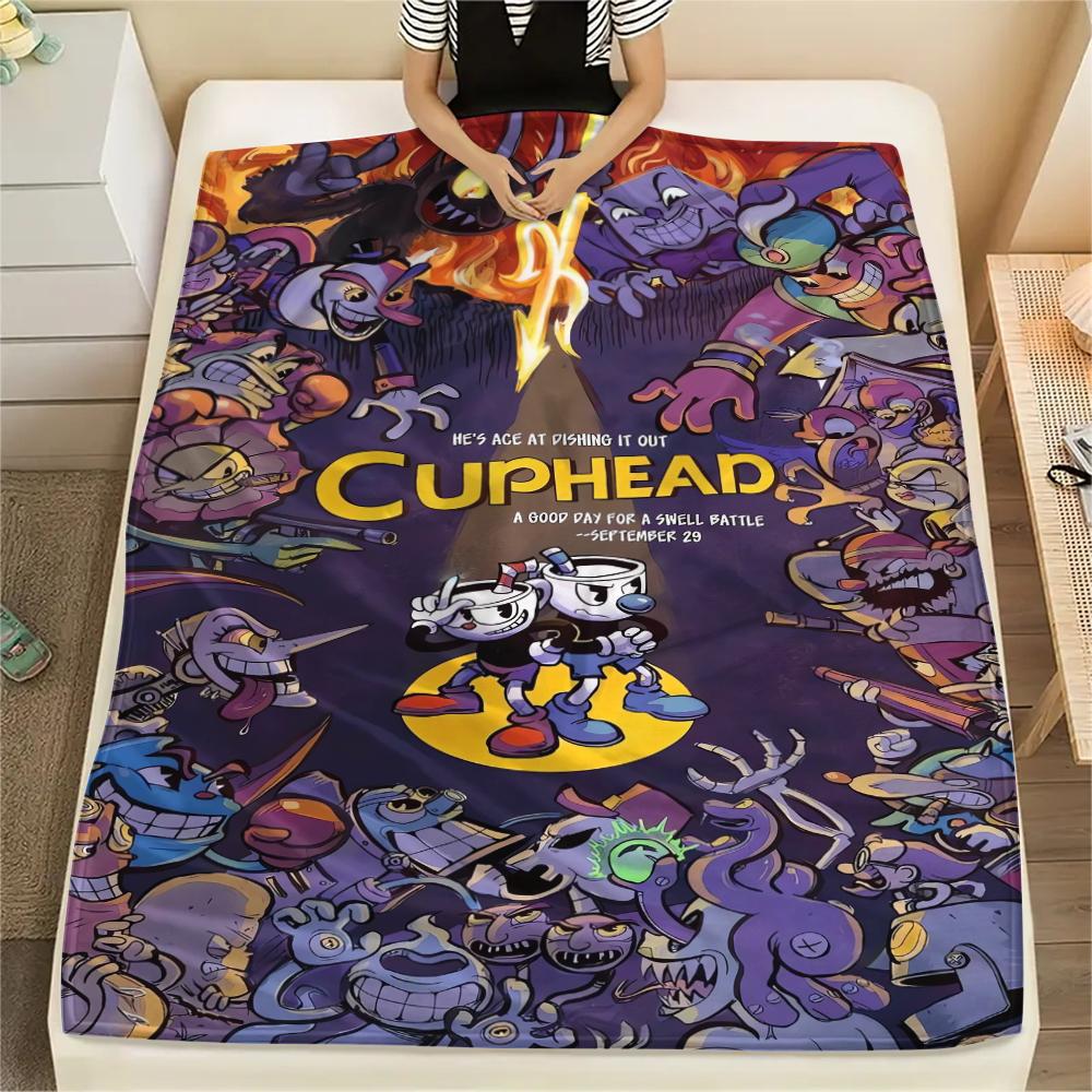 1Pc Cuphead Print Flannel Blanket, High Quality Comfortable for All Seasons, Home Decor, Warmth and Comfort, Perfect for Christmas Gifts
