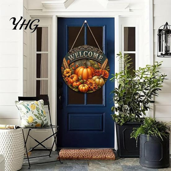 Outdoor Farmhouse Seasonal Decoration Harvest Festival Welcome Sign for Front Door, Rustic Wooden Hanging Autumn with Hemp Rope, Pumpkin Plaque