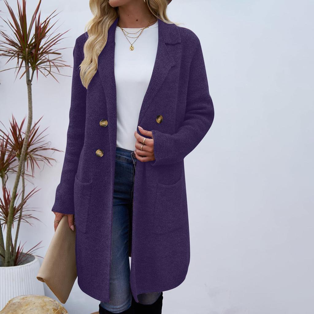 Women's Lapel Long Sleeve Mid-Length Woolen Coat Loose Fit Casual Fall Winter Blazer Jacket
