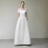 Korean Version of One-word Shoulder Light Wedding Dress 1011 New Temperament Long French Simple Bride Welcome Satin Wedding Dress