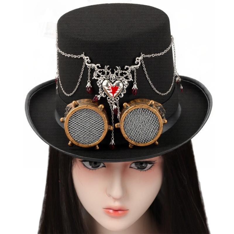 Gothic Top Hat With Heart Pendant And Detachable Adjustable Goggles For Halloween Costume Party Stage Performances