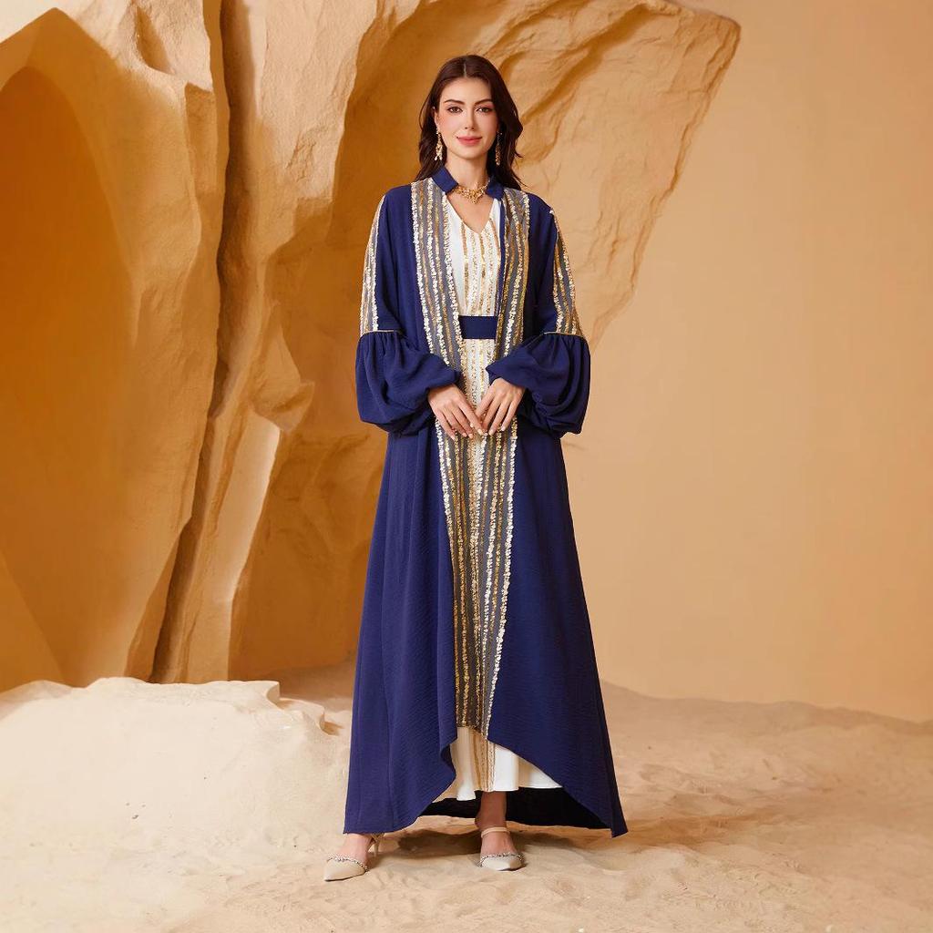 NC35 Kuwait Sequin Embroidery Two-Piece Robe & Bubble Sleeve Dress Set for Women