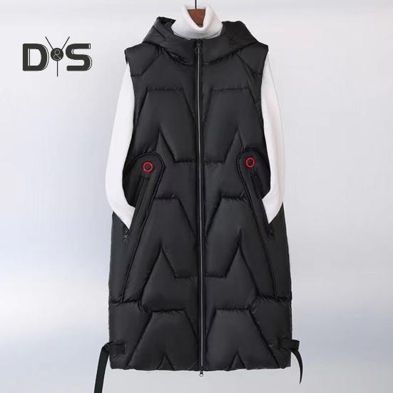 Women Winter Waistcoat Hooded Thick Sleeveless Glossy Surface Padded with Pockets Zipper Closure Mid Length Outdoor Coat