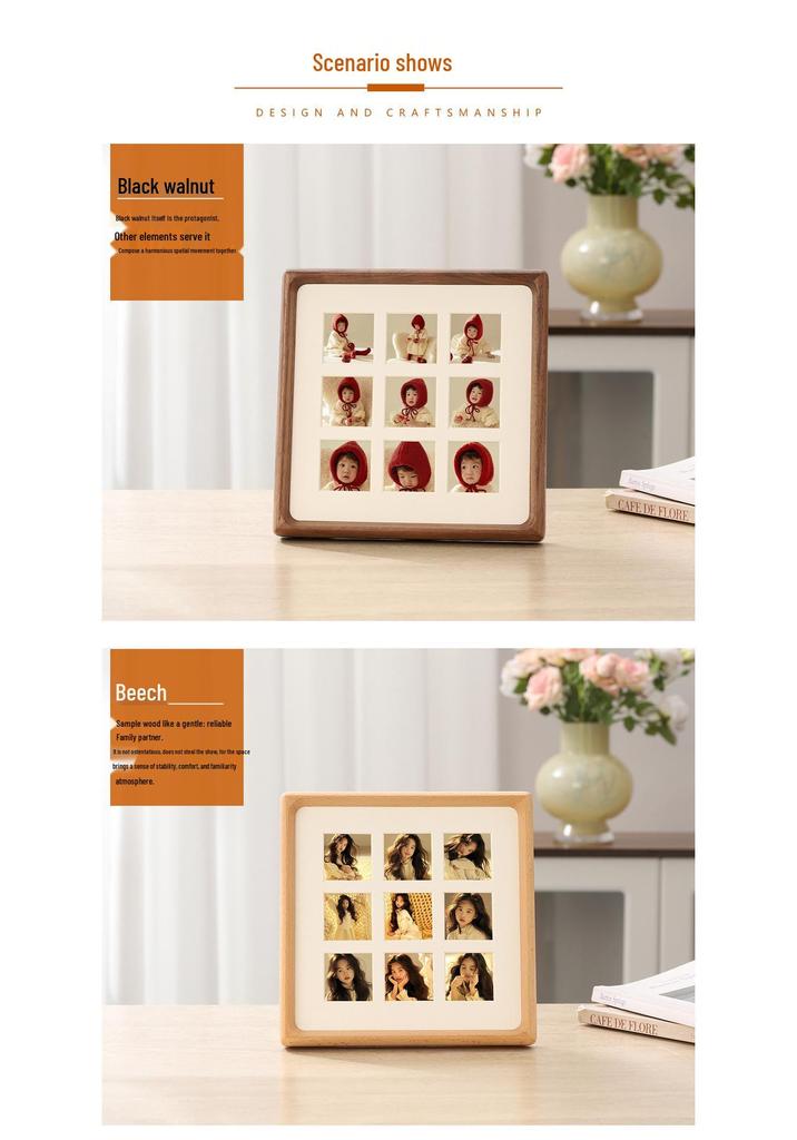 Solid Wood 9-Grid Black Walnut Photo Frame with Mortise and Tenon Round Corners for Desktop Display or Wall Decoration.