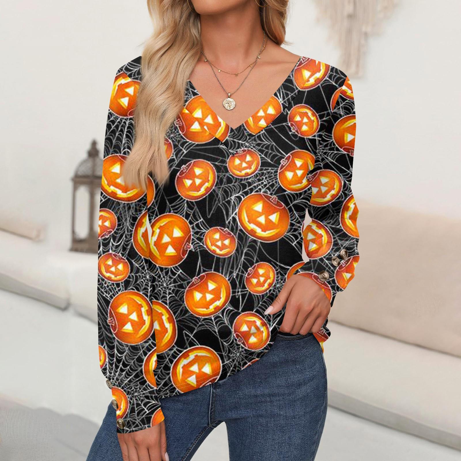 

Женские топы с принтом на Хэллоуин, рубашка с длинным рукавом, V-образный вырез, повседневная свободная футболка, осенняя одежда XXL
