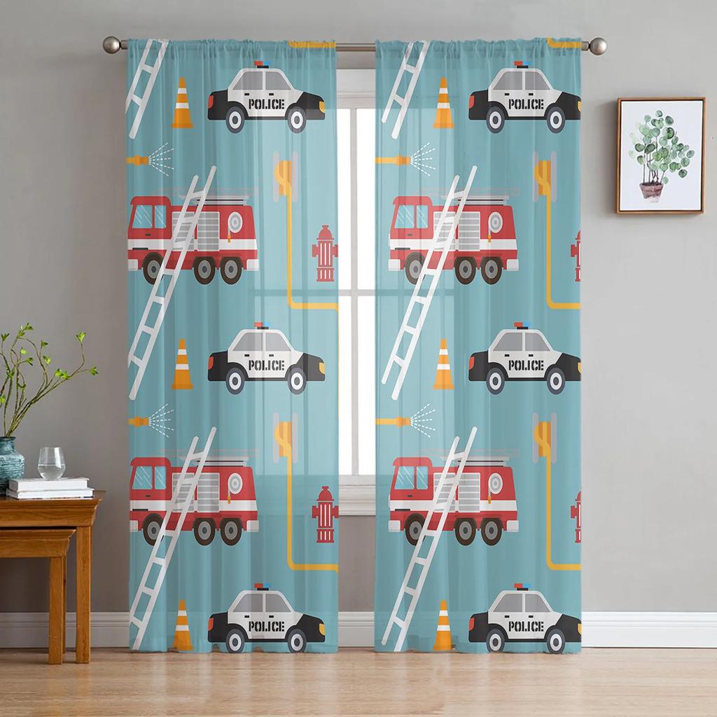 Tende Trasparenti Grigie con Camion dei Pompieri a Cartoni Animati per Camera da Letto Soggiorno Decorazione Tenda per Finestra per Cucina Tende in Tulle Voile Organza