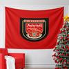 A Red Shield with a Cannon, Text, and Decorative Crests On a Bold Background. Patterned Tapestry for Bedroom and Living Room Home Decor