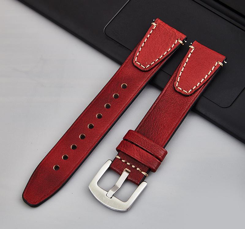 Professional Retro Stitching Cowhide Genuine Leather Watch Strap 18mm 20mm 22mm for Smartwatch Watch Band Universal Quick 18mm красный