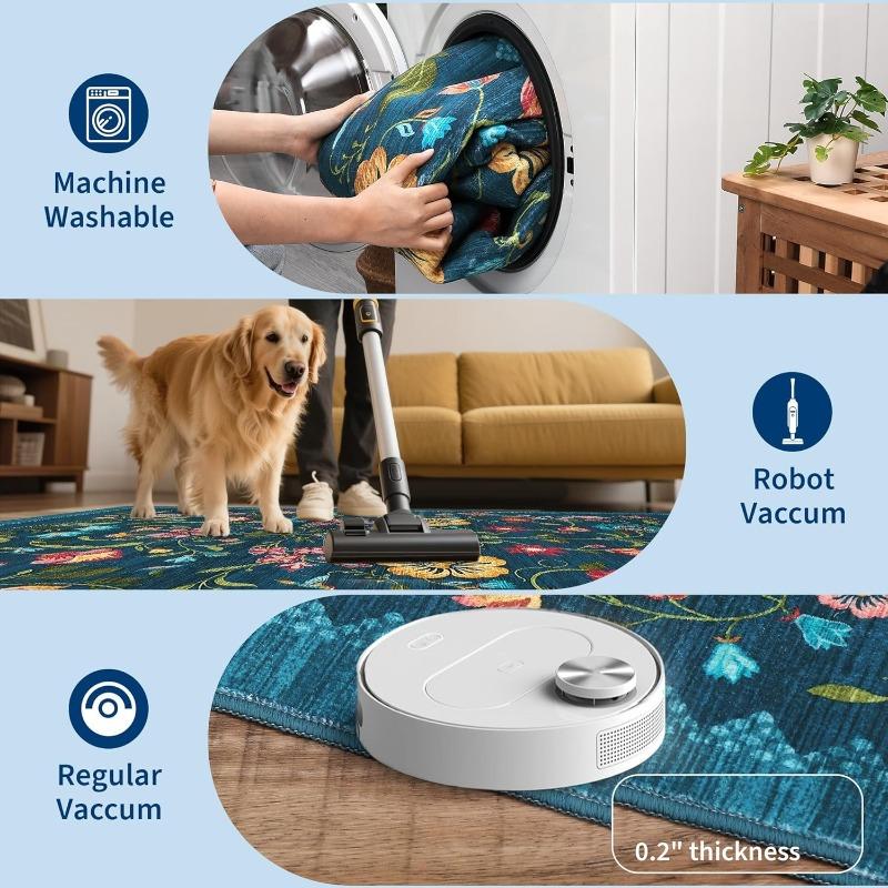 Retro Runner Rug Nordic Style Floral Print Kitchen Carpet Stylish Light Luxury Machine Washable Non-Slip Bedside Mat Alfombra