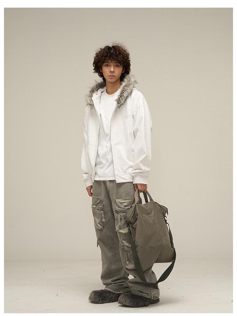 American Retro Oversized Fur Collar Couple Hoodie Cardigan