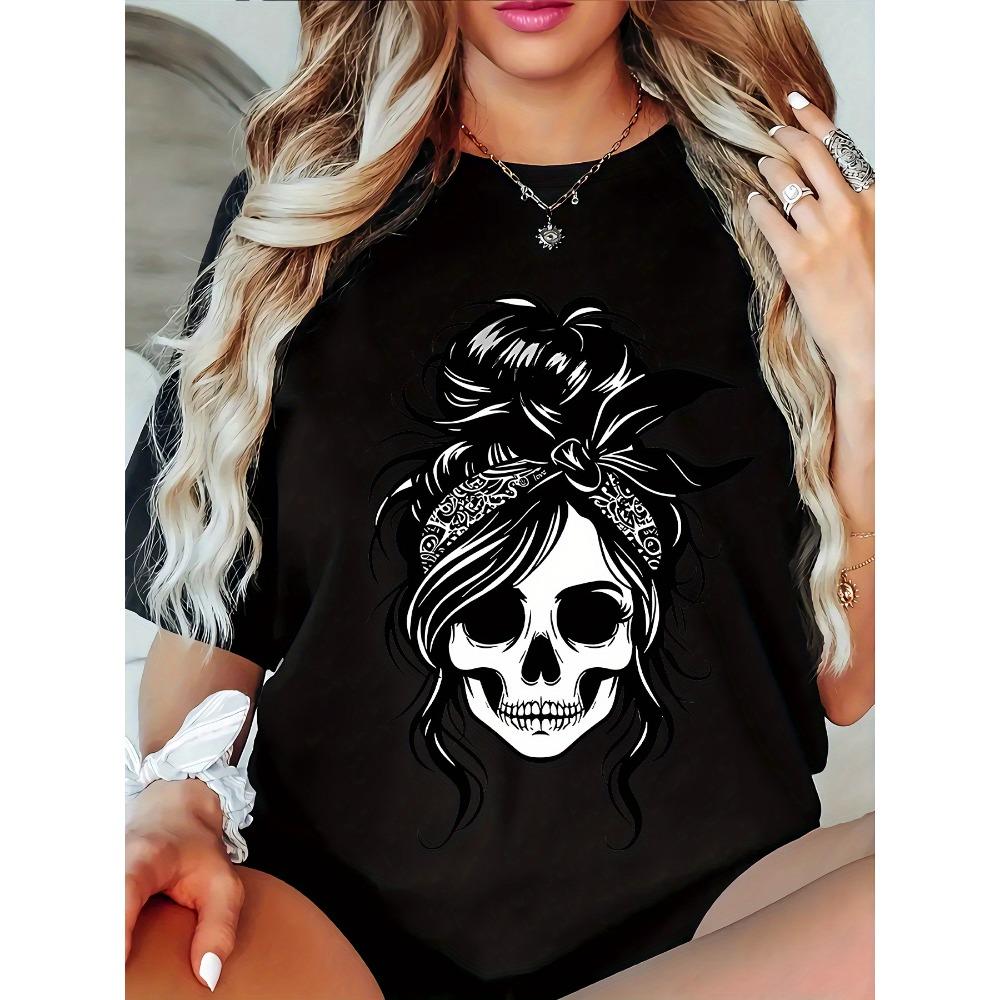 Женская футболка  Messy Bun Skull  Женская футболка Готический Графический Повседневный Дерзкий Топ S
