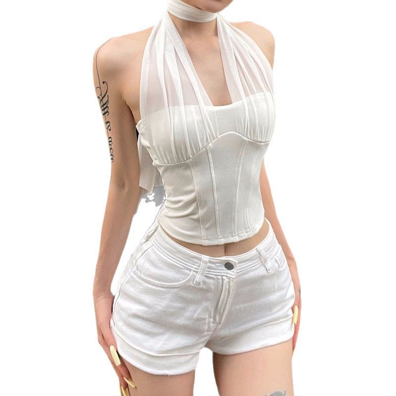 Pure Desire Style Cross-Border Hot Selling Season Women's Clothing Halterneck Perspective Crop Top Sexy Sexy Night Show Short Tops Women