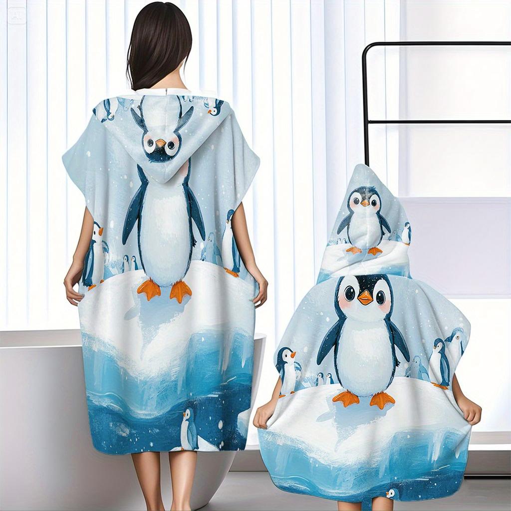 Cooling Fabric Penguin Flat Print Hooded Poncho Towel Sun Protection Beach Cape for Women Kids Summer Swimming Bath Robe