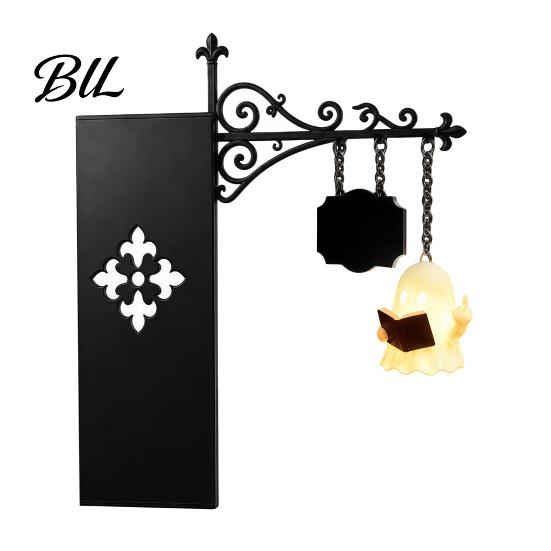 Halloween Party Decoration Library Lantern Bookshelf Lamp, Vintage Metal LED Nightlight for Book Nook Decor, Desktop Decorative Ornament Ghost Reading
