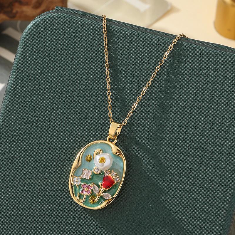 Monet-Inspired Flower Pendant Necklace, Hand-Painted, High-End Stainless Steel Clavicle Chain, New Chinese Style