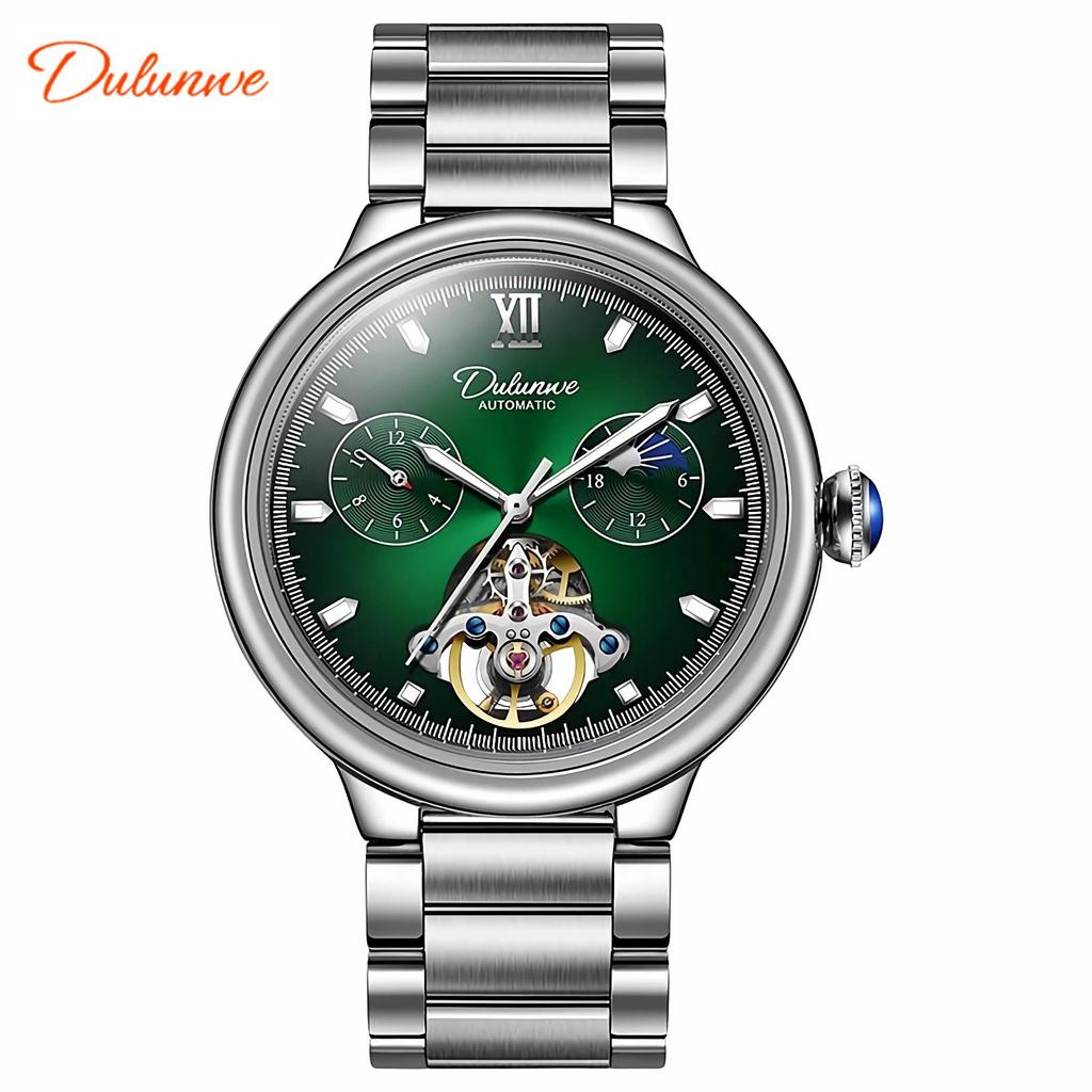 Dulunwe Luxury Men's Watch with Moon Phase & Tourbillon Retro Hollow Mechanical Wristwatch Stainless Steel Automatic Movement Men Watches