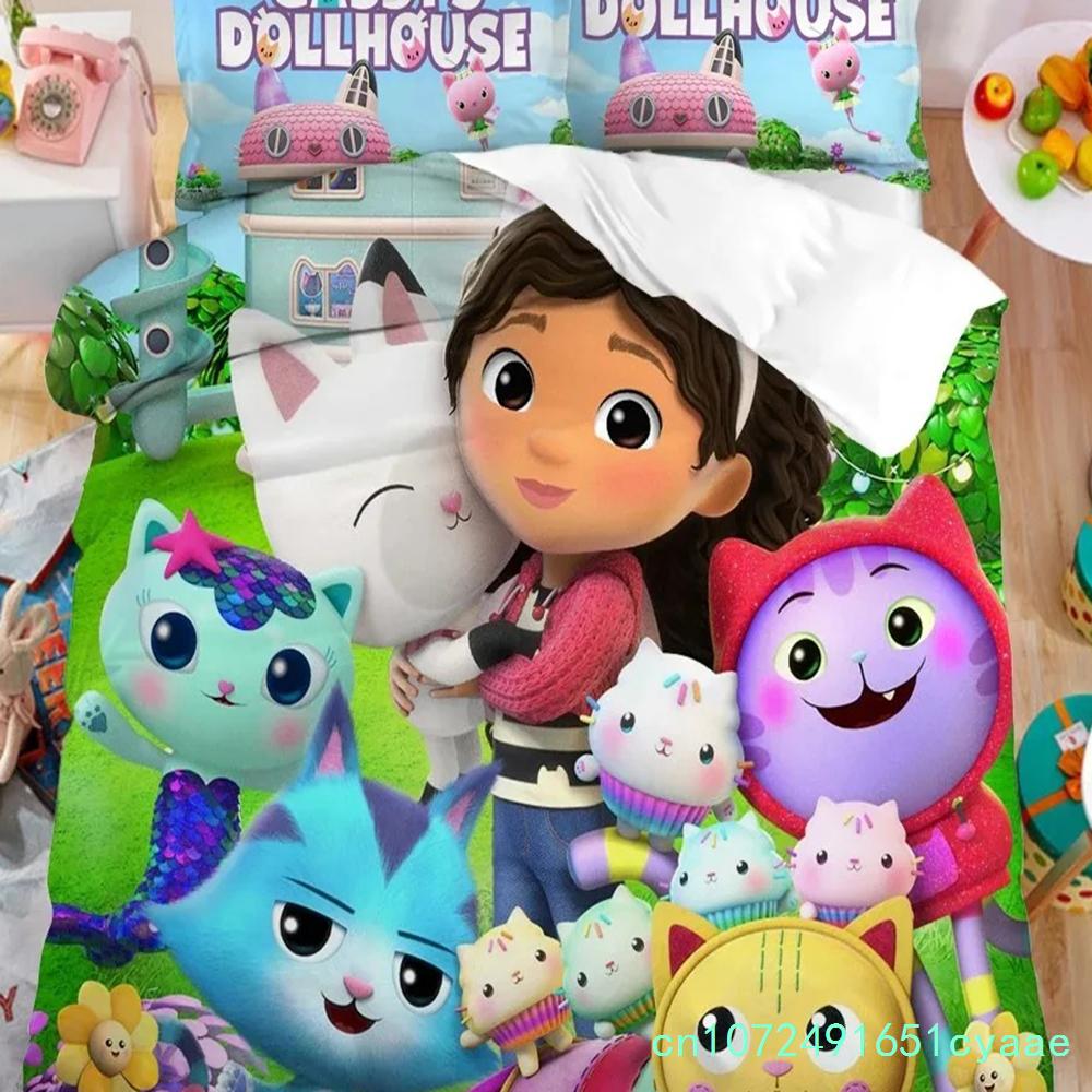 Gabby's Dollhouse Bedding Set,Kawaii Gabby's Dollhouse Duvet Cover Bed Linen Set Single Double Size,Bedclothes Quilt Cover