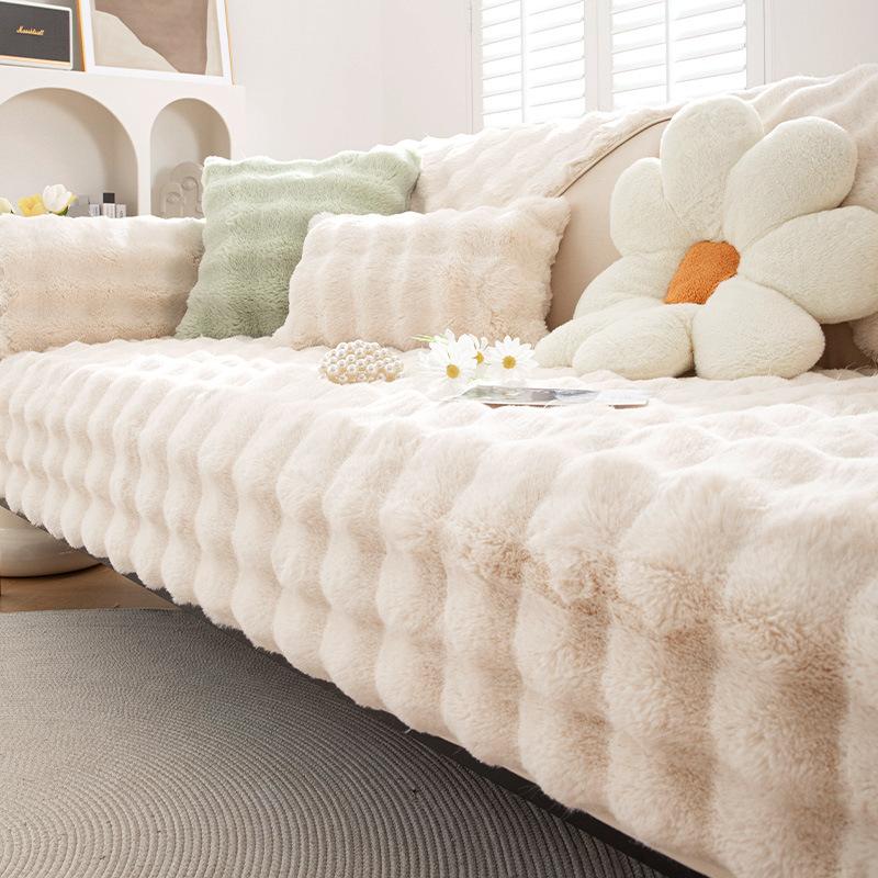 New Rabbit Plush Sofa Cushion Winter Thickened Plush Seat Cushion Straight Row Three-Person Non-Slip Leather Sofa Cover