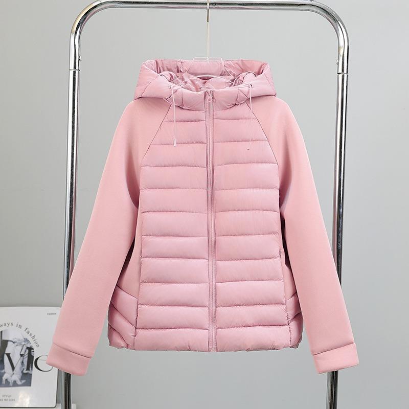 

Thin and light fashion women s clothing splicing cotton clothing jacket slim and thin stand-up collar down cotton clothing women M suggestion [80--100] catties розовый