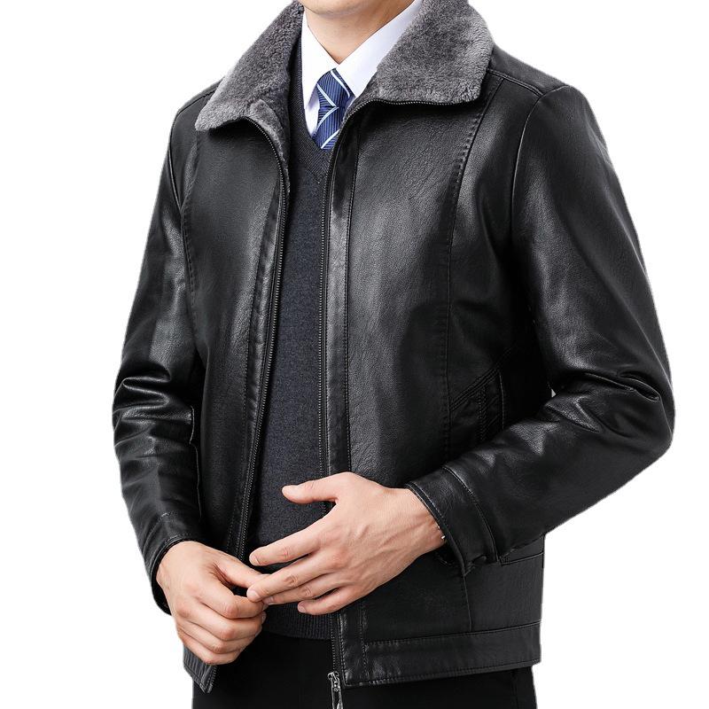 Men's Winter Fleece Lined Genuine Sheepskin Leather Jacket with Fur Trim