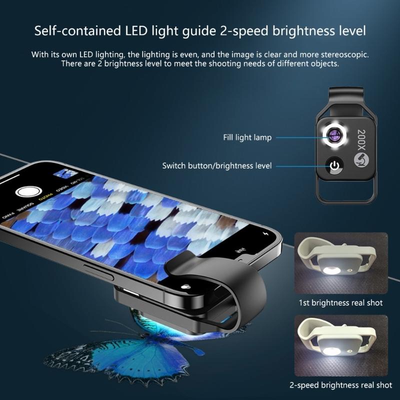 200X LED Lighted Pocket Microscope with Builtin LED Universally Smartphone Digiscoping Adapter Clip Macro Lens