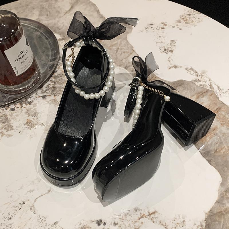 Designer Mary Jane Shoes Women's Spring New Ultra-high Heel Pearl Chain with Platform Block Heel Wedding Shoes Lolita Shoes