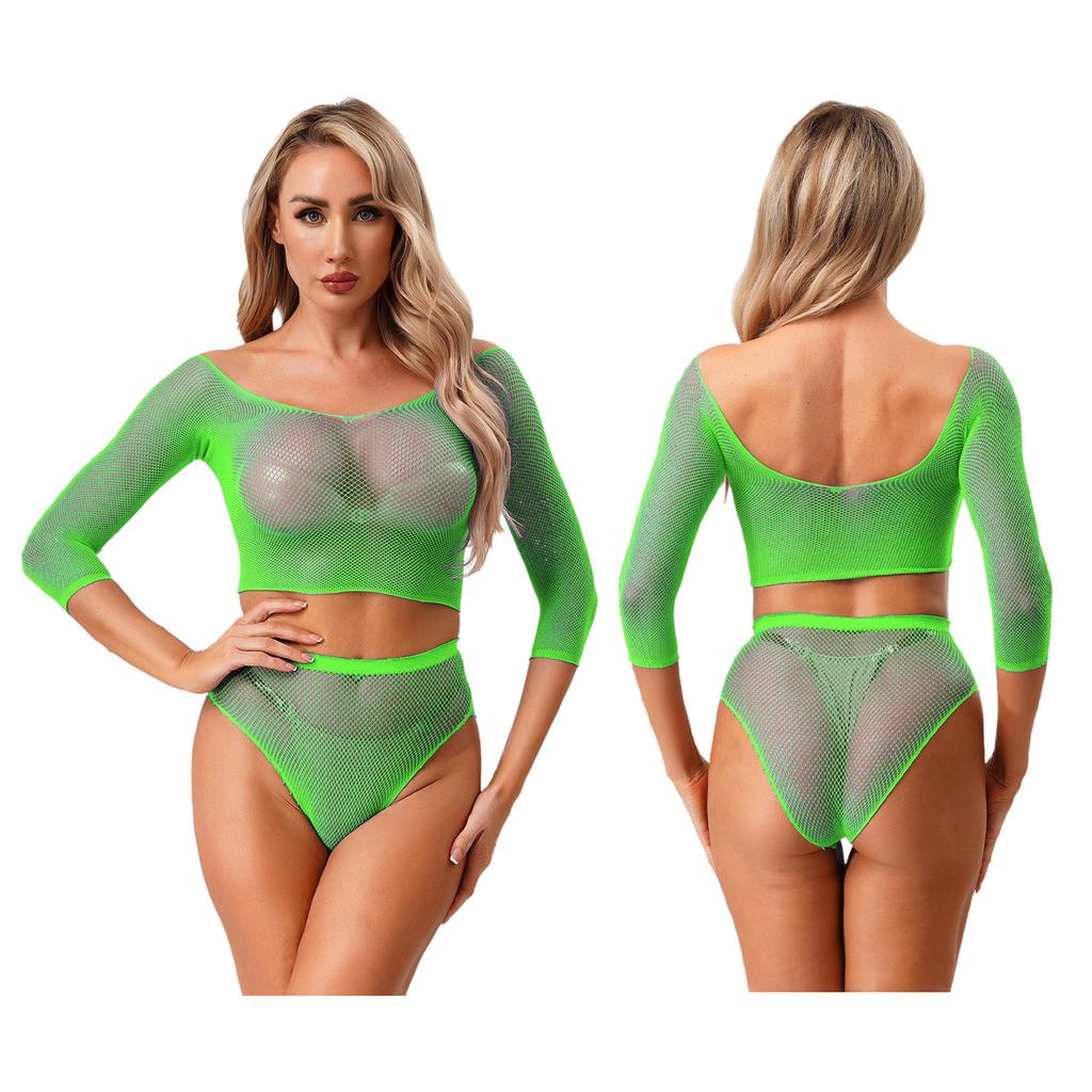 Sexy Women Lingerie Fishnet Top Briefs Set See Through Bikini Cover Couples Role Play Costume Tempting Outfit