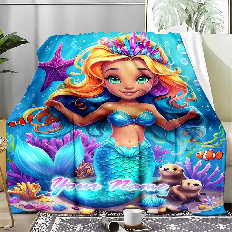 1PC Custom Name Mermaid Dreams Underwater Outdooor Flannel Blankets Patterns Throw Blanket All-Season Soft Gift for Couch, Bed, Camping Gifts