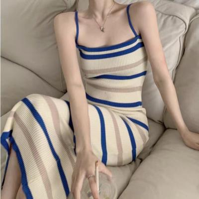 Elegant Camisole Dress for Women's Summer New Sleeveless Slim Fit Knitted Striped Mid Length Dresses