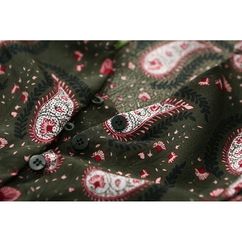 Foreign Trade Original Order V-neck Waist-Controlled Slimming Half Buckle Retro Qing Guo Print Short Sleeve Chiffon Dress Women's Thin